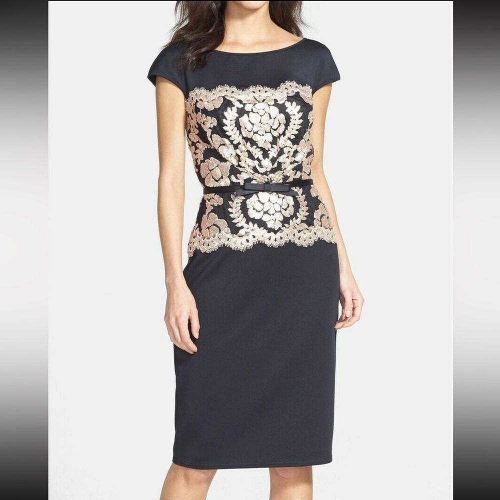 Tadashi Shoji Black Dress with Gold Floral Accents